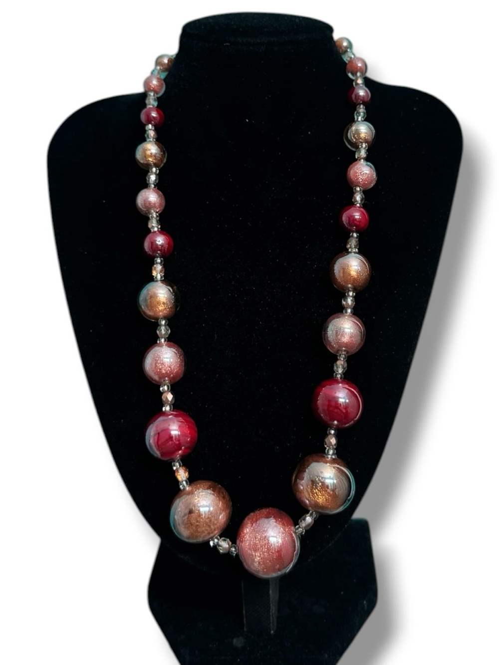 Vintage Art Glass Bead Statement Necklace Burgundy Bronze Pink Large Beads